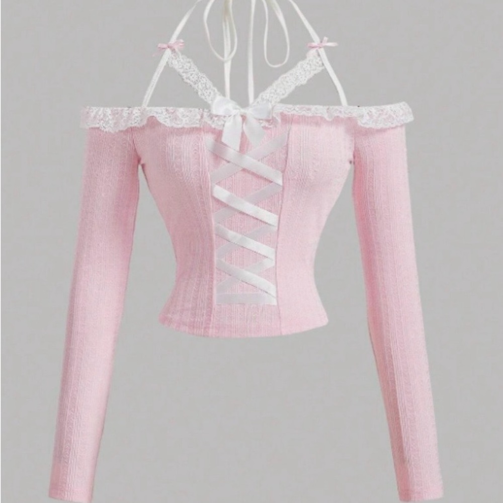 NEVER WORN NWT SHEIN Pink White Lace Long Sleeve Off Shoulder Top, Knitted Bow